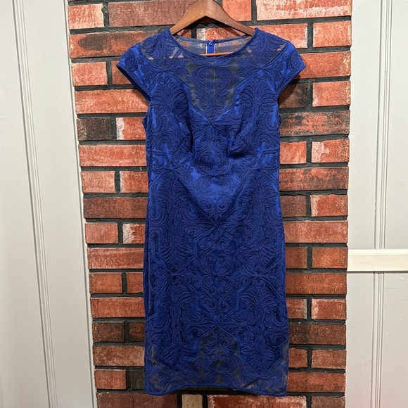 Tadashi Shoji BLUE STONE COTTON EMBROIDERED TULLE CAP SLEEVE DRESS - Picture 2 of 11
